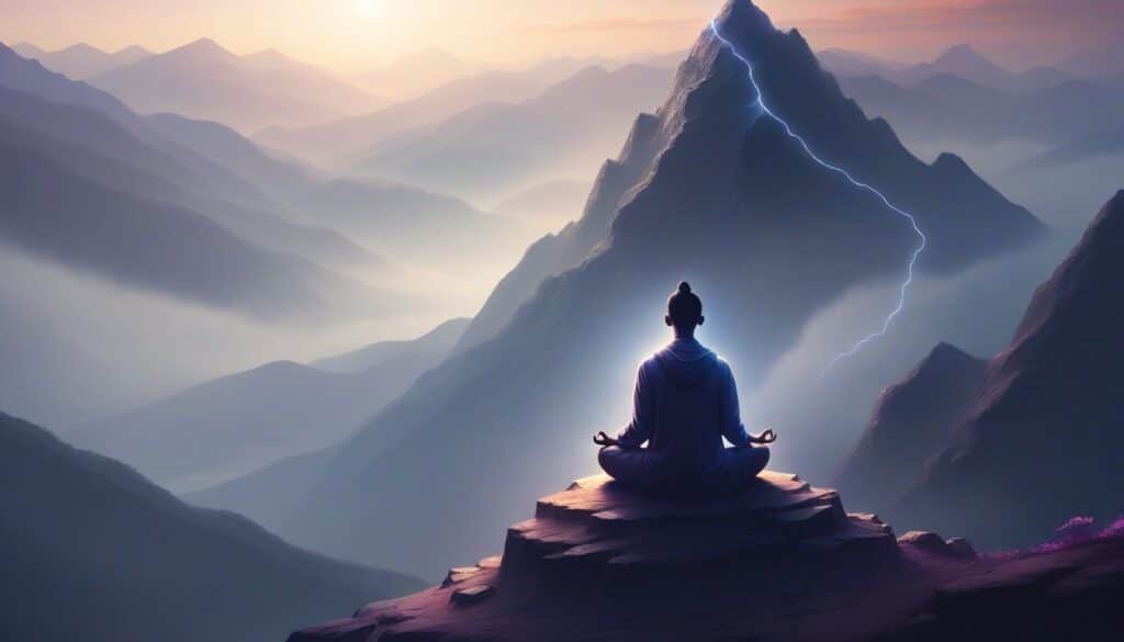 An image of someone meditating on a mountain